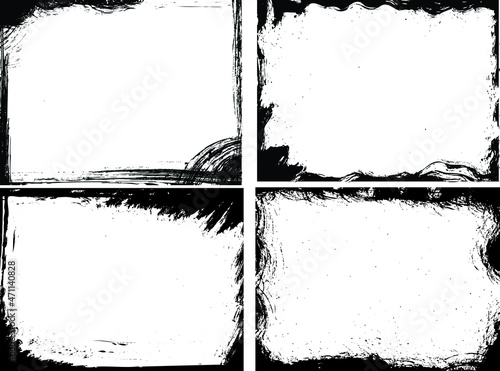 Four rectangle grunge photo frames. Damaged vector border for aged effect.