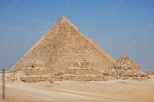 Big Great (Cheops) Pyramid and the Pyramid of Khafre behind the Pyramid of Menkaure and pyramids of Queens