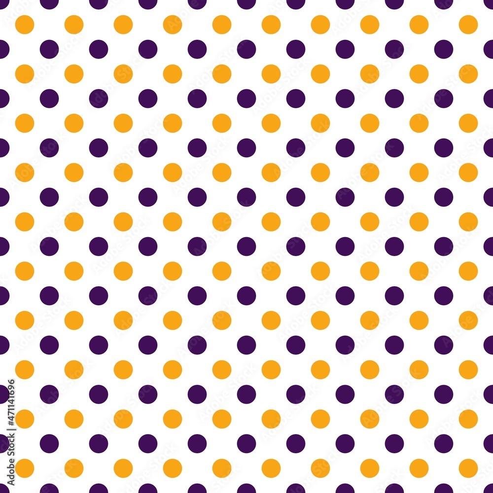 Orange and purple polka dots, seamless pattern on white background. Vector illustration. Happy Halloween.