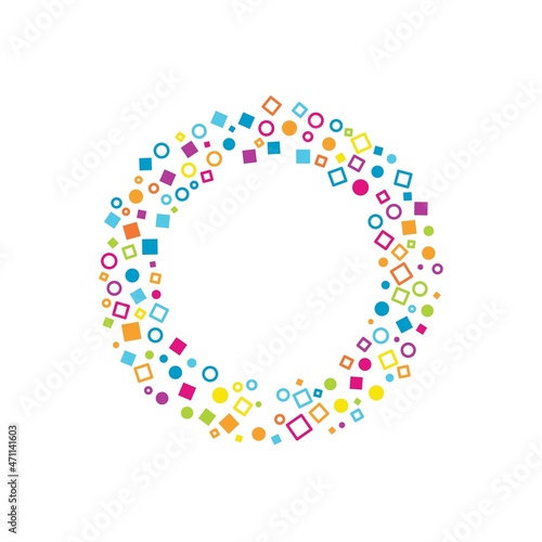 Colorful geometric circles, squares shapes consisting of spherical geometric particles frame - wreath or logo on the white background. Vector illustration.