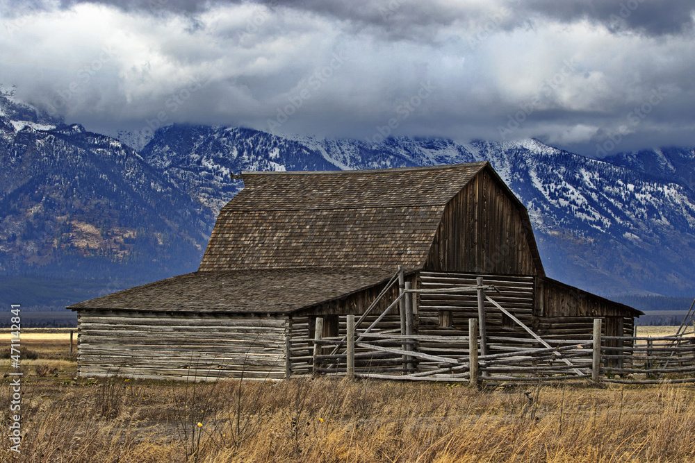 Historic barn in Mormon Row Historic District of Grand Teton National Park in Wyoming, United States
