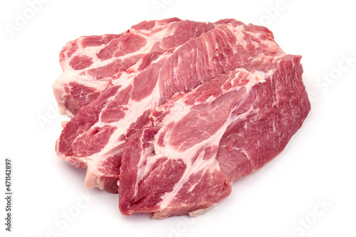Pork shoulder butt steak, isolated on white background.