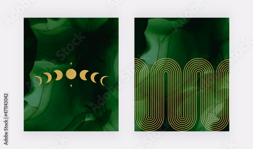 Green alcohol ink watercolor with golden moon phases and rainbows wall art print
