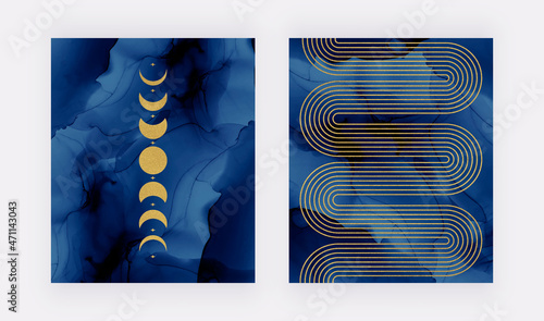 Navy blue alcohol ink watercolor with golden moon phases and rainbows wall art print
