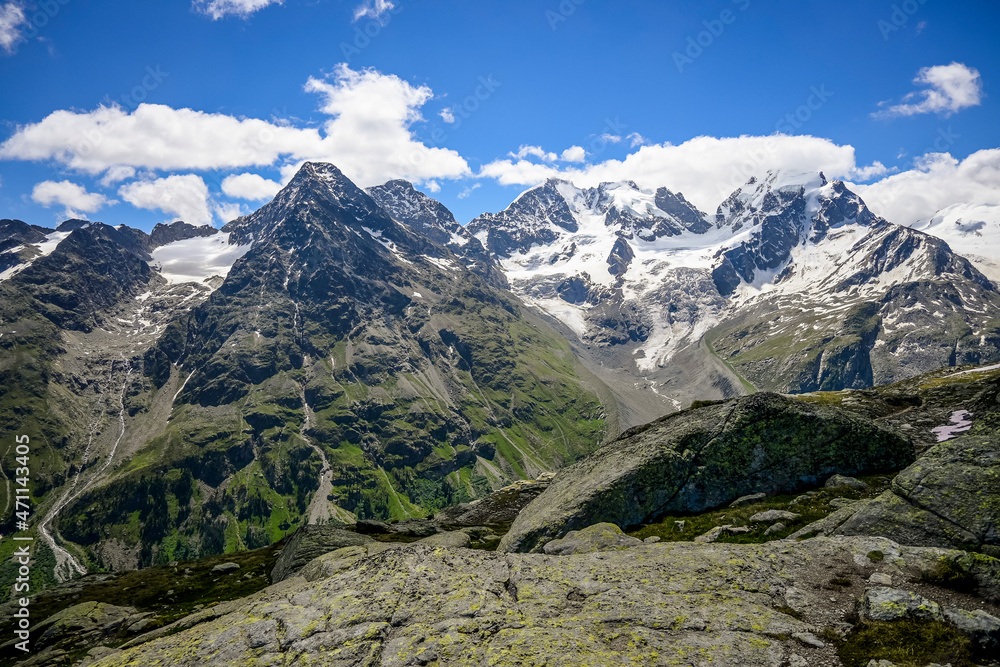 Piz Roseg, Piz Scerscen, Wanderweg, Wanderer, Fuorcla Surlej, Murtèl, Corvatsch, Gletscher, Piz Sella, Piz Bernina, Tschierva Gletscher, Piz Tschierva, Engadin, Alpen, Graubünden, Sommer, Schweiz 