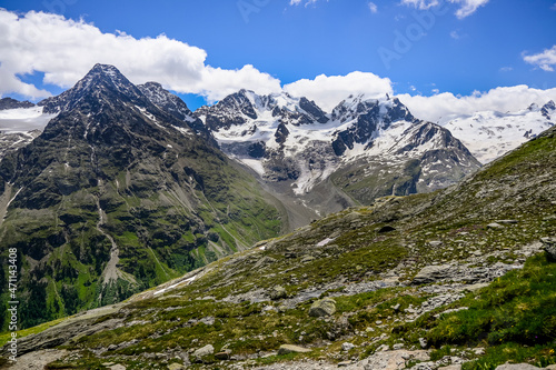 Piz Roseg, Piz Scerscen, Wanderweg, Wanderer, Fuorcla Surlej, Murtèl, Corvatsch, Gletscher, Piz Sella, Piz Bernina, Tschierva Gletscher, Piz Tschierva, Engadin, Alpen, Graubünden, Sommer, Schweiz 