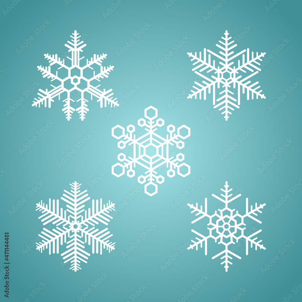 Set of 5 snowflake icon patterns. Abstract blue background image. Element design for logo, symbol, banner, card, cover, poster, tile, wall. Vector illustration.