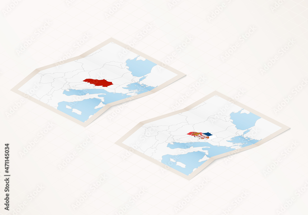 Two versions of a folded map of Serbia with the flag of the country of Serbia and with the red color highlighted. Two versions of a folded map of Serbia with the flag of the country of Serbia and with the red color highlighted.