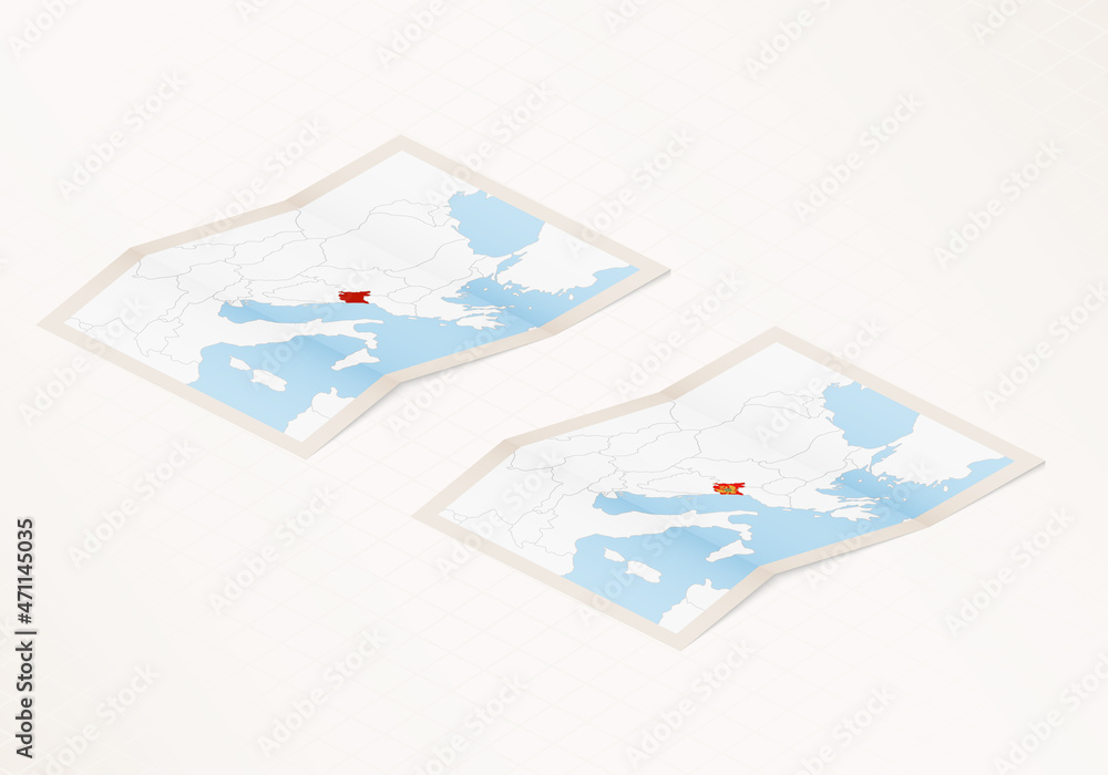 Two versions of a folded map of Montenegro with the flag of the country of Montenegro and with the red color highlighted.