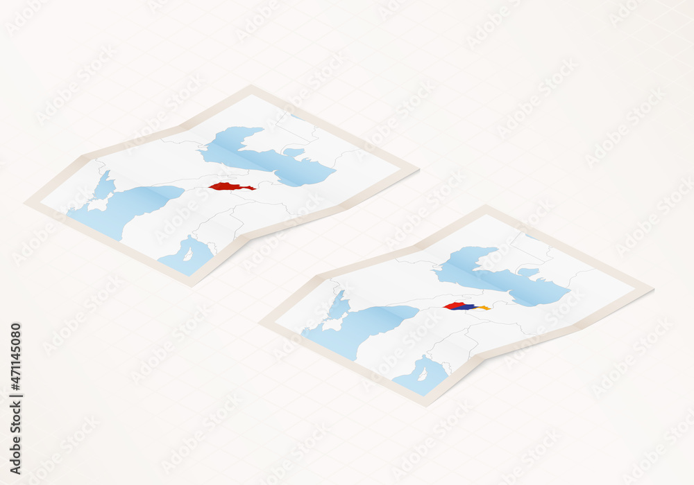 Two versions of a folded map of Armenia with the flag of the country of Armenia and with the red color highlighted.