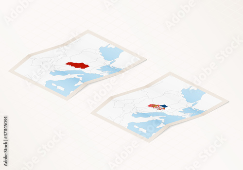 Two versions of a folded map of Serbia with the flag of the country of Serbia and with the red color highlighted.