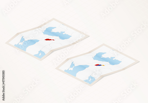 Two versions of a folded map of Armenia with the flag of the country of Armenia and with the red color highlighted.