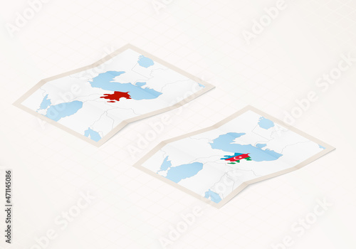 Two versions of a folded map of Azerbaijan with the flag of the country of Azerbaijan and with the red color highlighted.