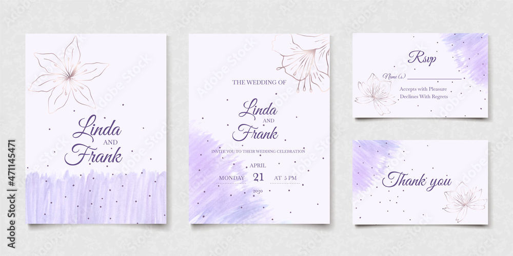 Fototapeta premium Purple watercolor wedding card set with gold lily in abstract style. Floral watercolor purple wedding invitation on white background. Vector design art