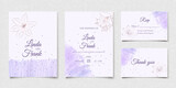Purple watercolor wedding card set with gold lily in abstract style. Floral watercolor purple wedding invitation on white background. Vector design art