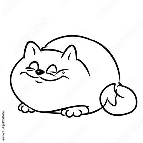 Fat contented cat lies smile illustration cartoon contour