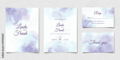 Watercolor wedding card blue cloud in abstract style. Modern watercolor purple wedding invitation on white background. Vector design art. Elegant splash texture set © AminaDesign
