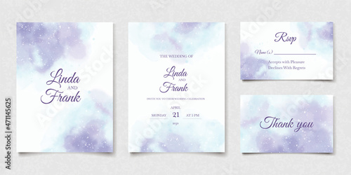 Watercolor wedding card blue cloud in abstract style. Modern watercolor purple wedding invitation on white background. Vector design art. Elegant splash texture set