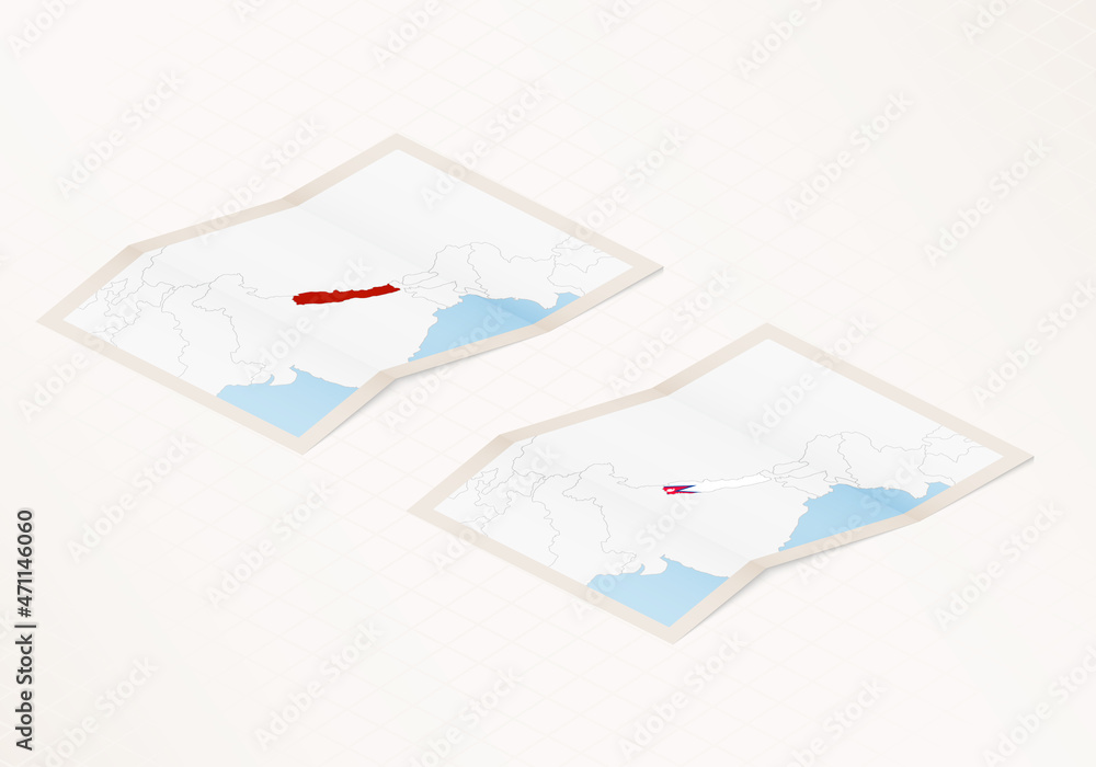 Two versions of a folded map of Nepal with the flag of the country of Nepal and with the red color highlighted.