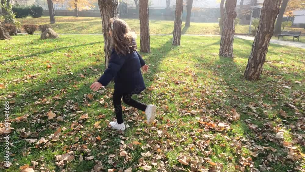 Happy little girl fun in autumn park. Sunny day . Cheerful child in nature.
Happy little girl fun in autumn park. Sunny day . Cheerful child in nature.