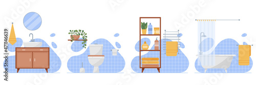 Bathroom and toilet interior design with furniture and bathroom items: cabinet with sink, mirror, towel holder, toilet bowl, bathroom shelf with bottles, bath with screen, blue wall tiles.