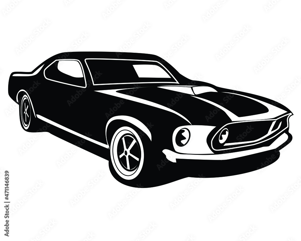 vector graphic illustration of ancient muscle car isolated black and white