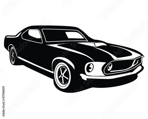 vector graphic illustration of ancient muscle car isolated black and white