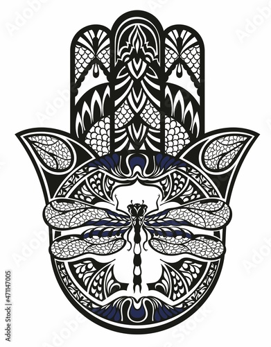 Indian hand Hamsa or hand of Fatima with dragonfly
