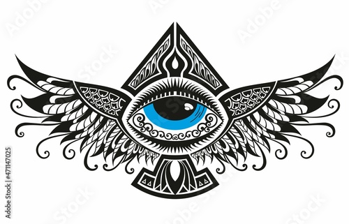 Eye logo design.Abstract eye tattoo emblem with tribal style elements, fethers, wings