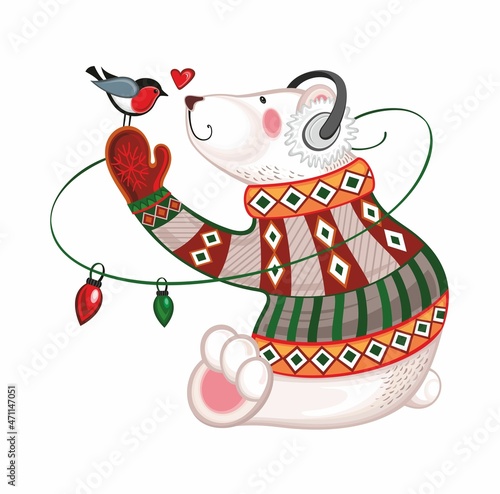 Funny polar bear with bird and garland . Chrismas concept.
