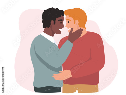 Two men look at each other with love, they want to kiss. Gay couple hugging. The concept of tolerance, equality of homosexual relations. Vector graphics.