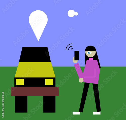 car sharing service, woman taking car outside with help of smart phone