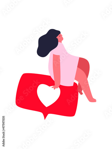 People, woman holding like notifications. Followers gives like on social media. Like icon. Flat cartoon vector illustration. Like, rate on social networks, chat in the messenger and comments.