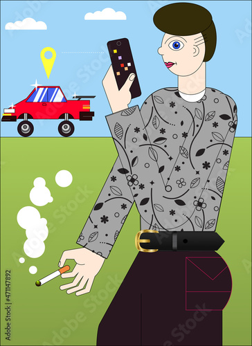 car sharing service application, man taking car with smart phone