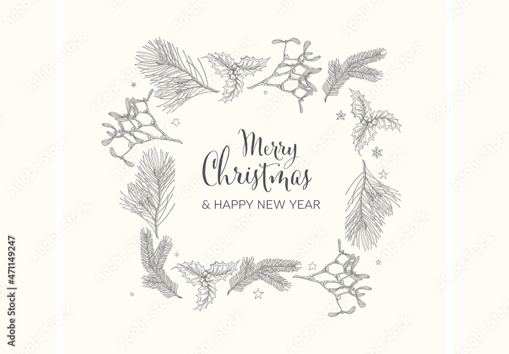 Vector Vintage Hand Drawn Christmas Card with Doodle Frame Stock ...