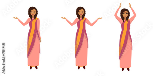 Indian girl dressed in pink sari flat style vector illustration. Asian girl. Eastern woman in a dress.