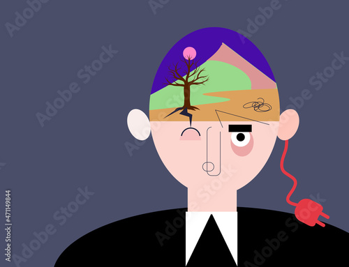 psycological disorder man head with desert inside, something broken, electric plug not connected