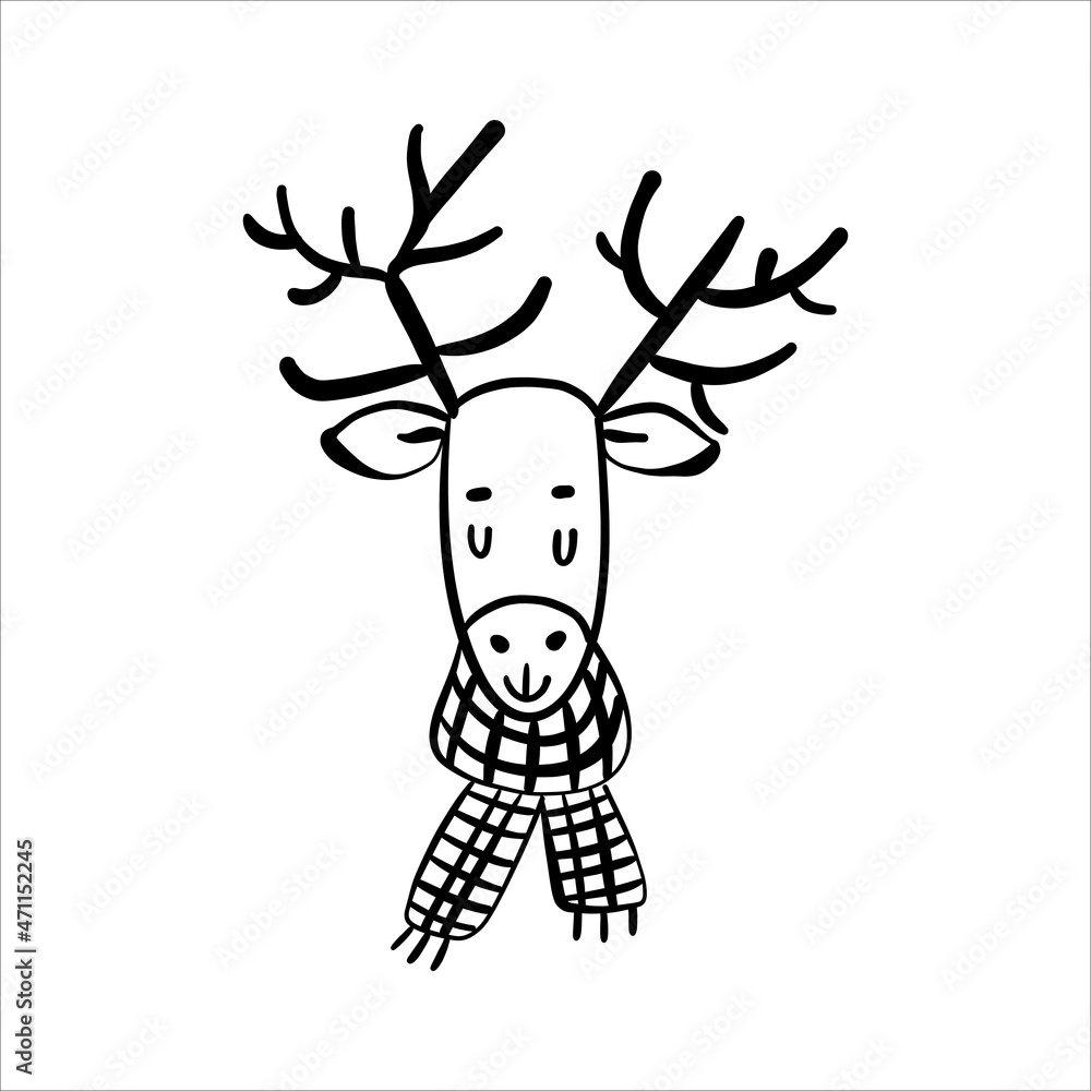 Naklejka premium Deer with antlers and scarf doodle vector illustration Hand drawn christmas and new year character