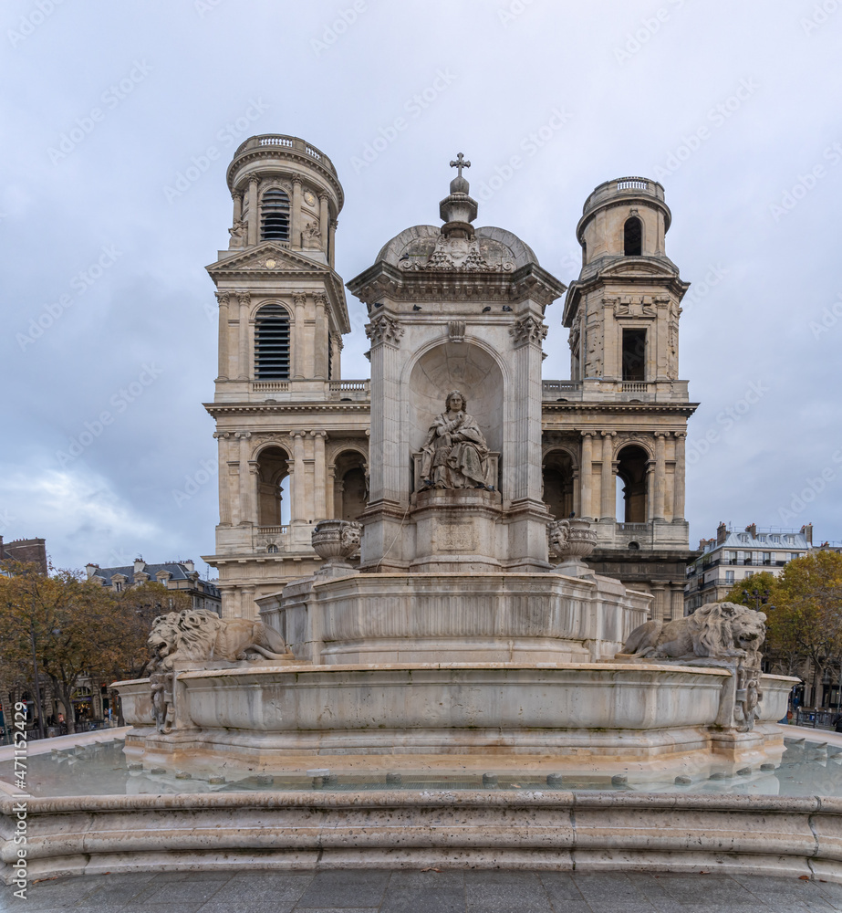 Paris, France - 11 13 2021: Saint-Germain-des-Pres district. View outside Saint-Sulpice Church