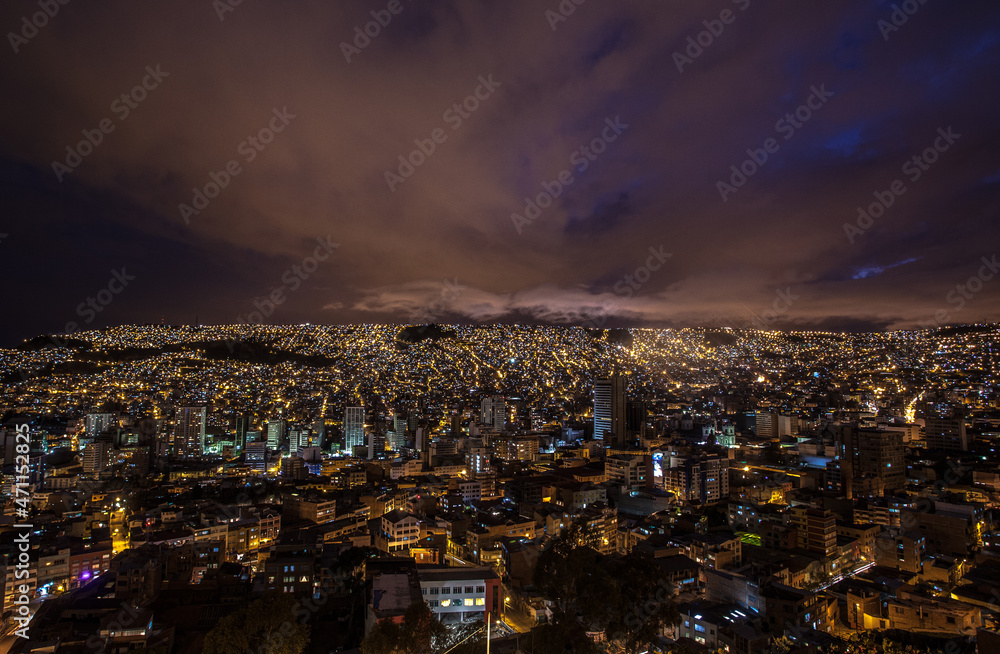 City night view of La Paz, capital of Bolivia