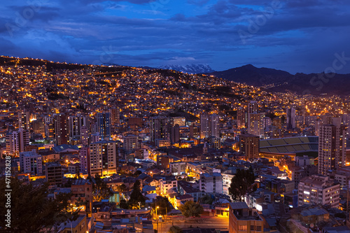 City night view of La Paz, capital of Bolivia