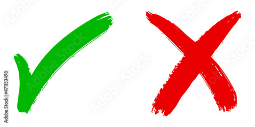 Right and wrong icon. hand drawn of Green checkmark and Red cross isolated on white background.Vector illustration.