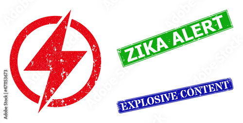Grunge electricity generation icon and rectangular rubber Zika Alert stamp. Vector green Zika Alert and blue Explosive Content watermarks with distress rubber texture,
