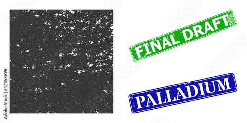 Grunge filled square icon and rectangle rubber Final Draft stamp. Vector green Final Draft and blue Palladium imprints with grunge rubber texture, designed for filled square illustration.