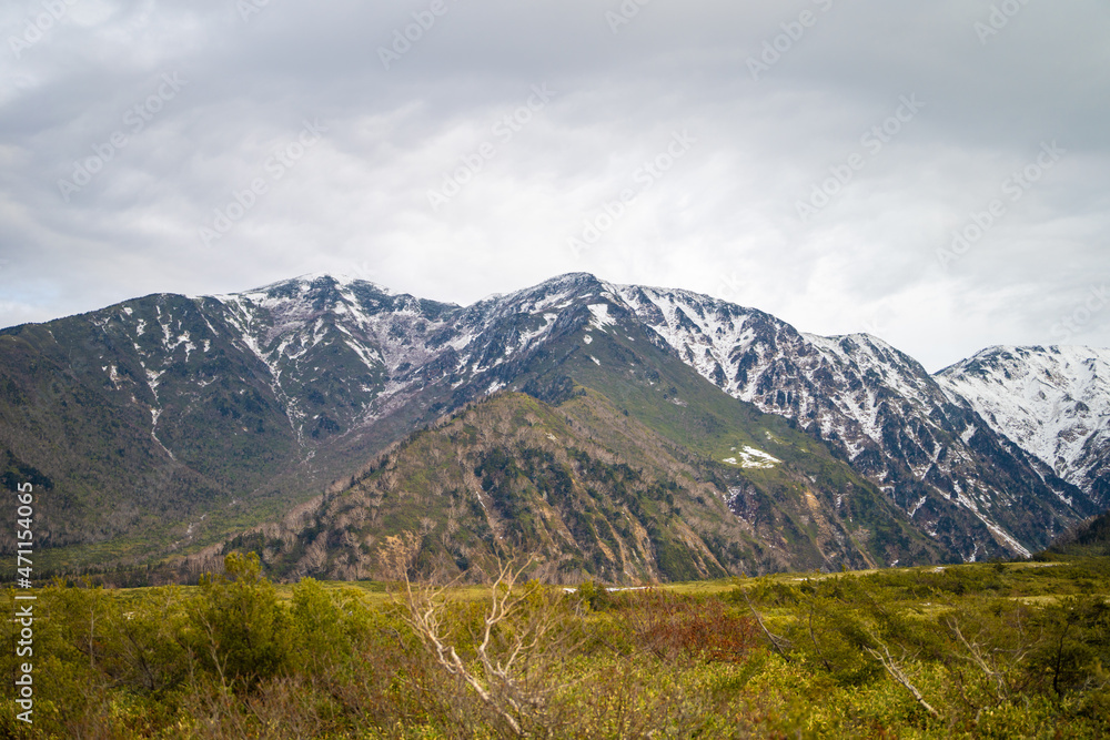 Fototapeta premium 富山県立山町にある立山の冬の雪景色のある風景 Landscape with snowy winter scenery of Tateyama in Tateyama Town, Toyama Prefecture, Japan.