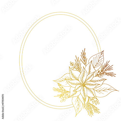 Golden elegant oval frame with poincettia for greeting cards, wedding invitations and covers. White background. Vector isolated illustration. photo