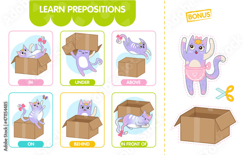 English prepositions worksheets. Educational visual flashcards for language learners. A cute cat behind, in front of, above, in and under the box. Bonus, paper cut figurine and preposition games.  photo