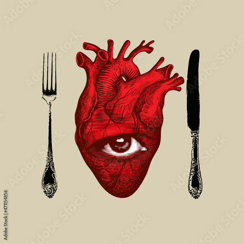 Vector banner with a red human heart, single eye and old cutlery on a beige background. Abstract banner in retro style with a detailed drawing of a human internal organ. Dinner of a maniac cannibal