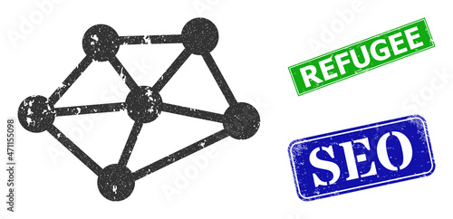 Grunge net links icon and rectangular rubber Refugee stamp. Vector green Refugee and blue Seo seals with retro rubber texture, designed for net links illustration.