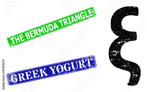 Grunge Xi Greek lowercase symbol icon and rectangle corroded The Bermuda Triangle seal stamp. Vector green The Bermuda Triangle and blue Greek Yogurt watermarks with corroded rubber texture,